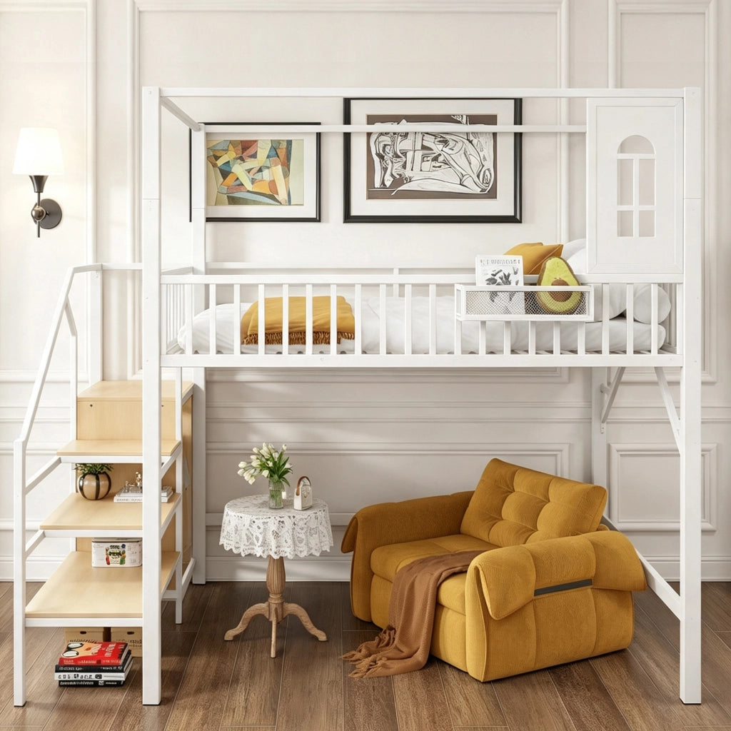 Letto a soppalco in metallo con struttura superiore e scala, 140x200 cm