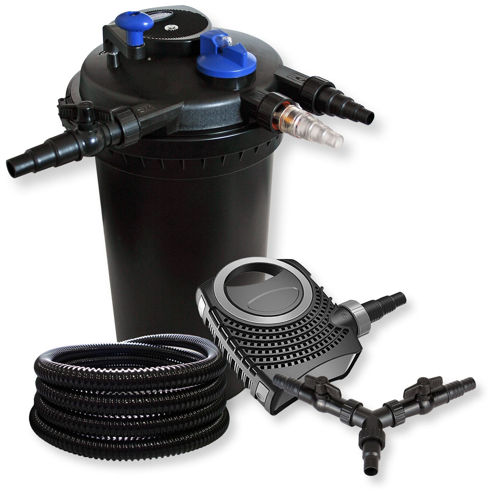 Set Filtro a pressione 30000l 18W Chiarificatore laghetto UVC NEO10000 Pompa 80W Tubo 25m