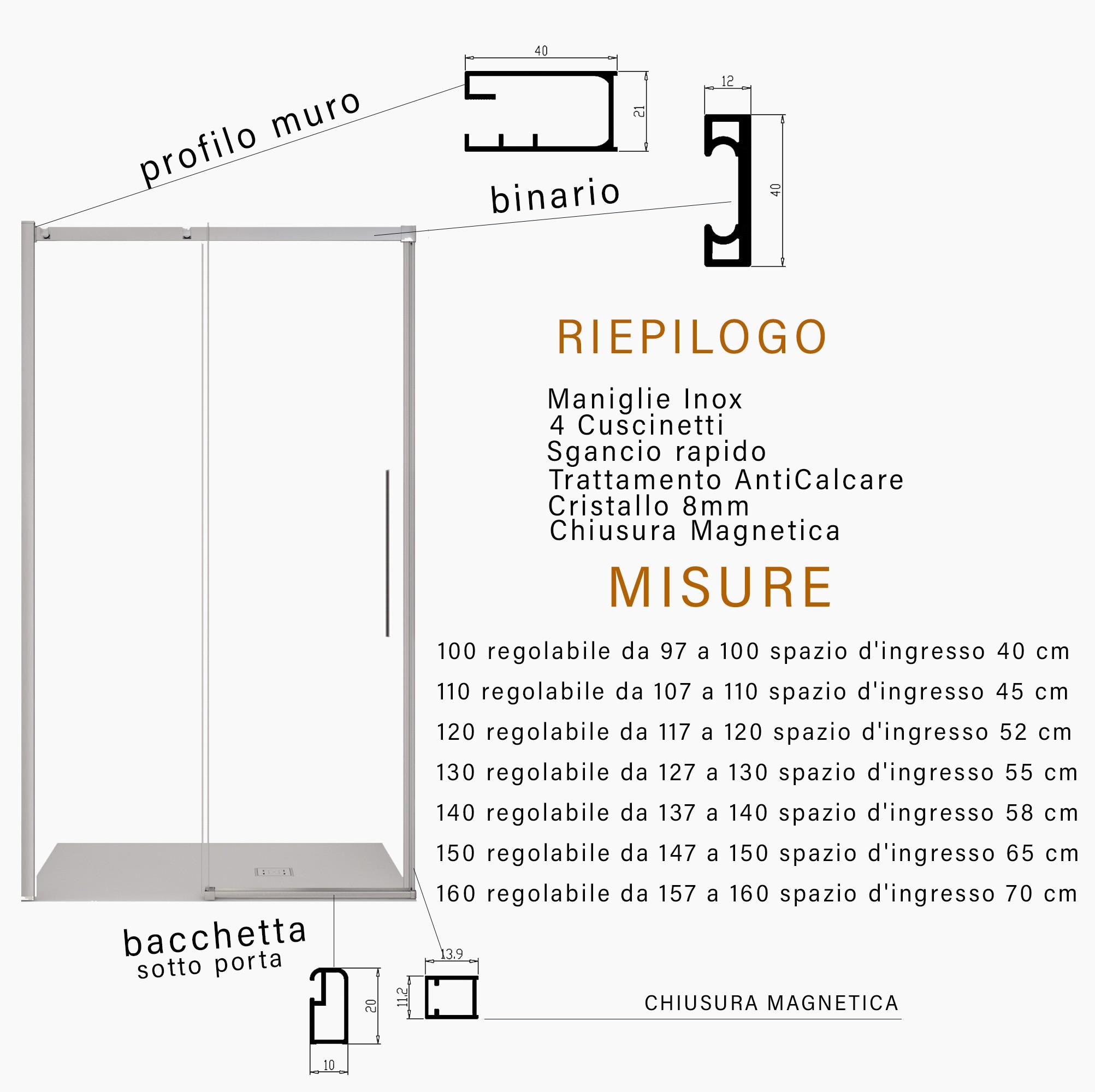 Porta Parete Doccia 160 cm 1 Anta Scorrevole in Cristallo Trasparente 8mm H200 Bonussi Eliane