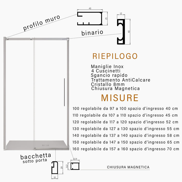 Porta Parete Doccia 110 cm 1 Anta Scorrevole in Cristallo Trasparente 8mm H200 Bonussi Eliane
