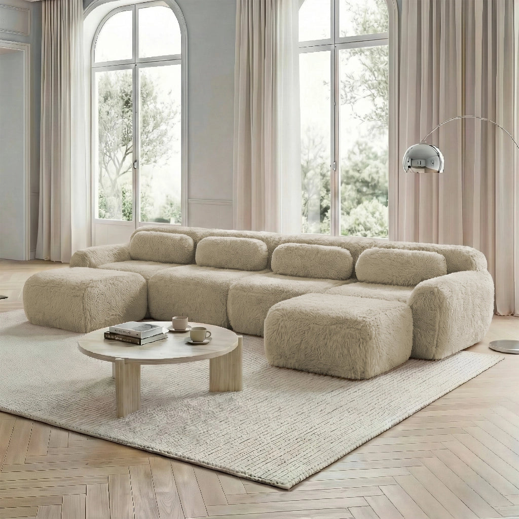 Divano Modulare ad Angolo a U con Configurazione Libera, Base Antiscivolo e Cuscini in Peluche Cachi Chiaro