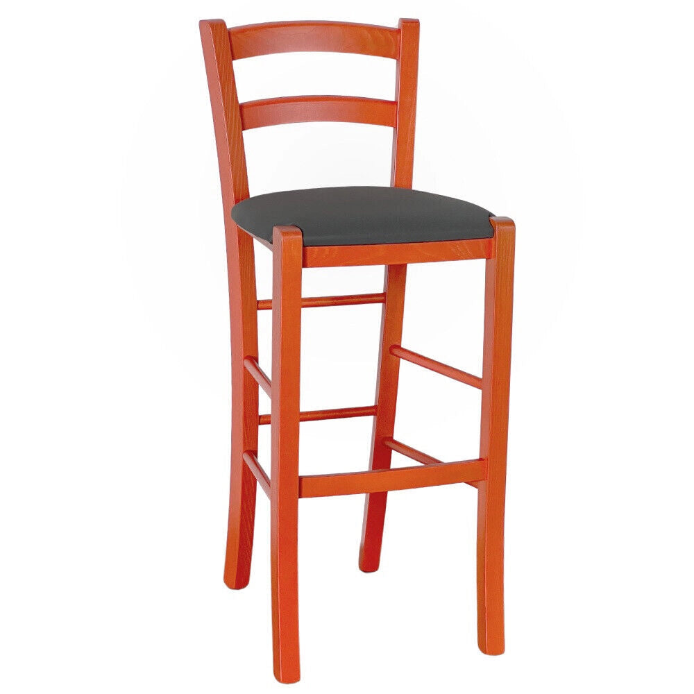 Sgabello Alto in Legno arancione h 73 cm Rustico  seduta similpelle antracite