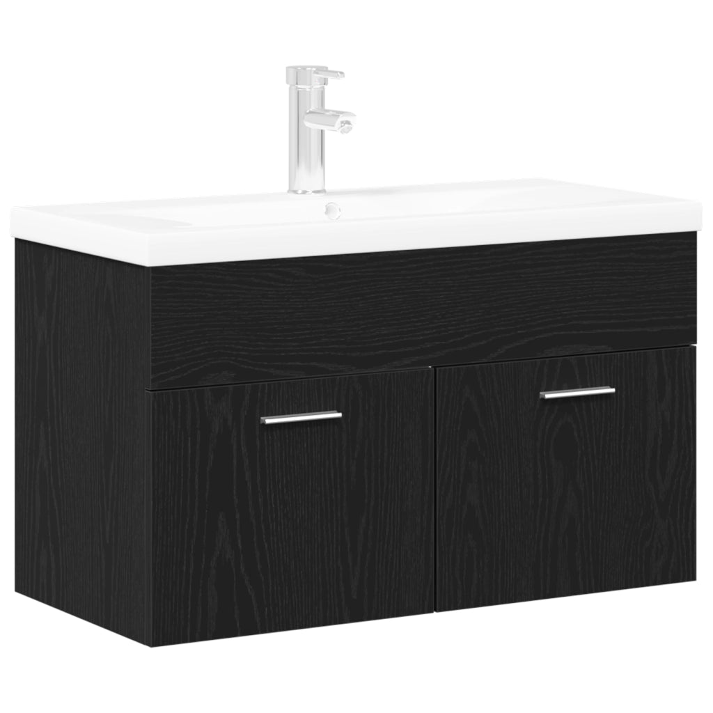 Mobile con Lavabo da Bagno con Bacino Integrato Rovere Nero Legno Ingegnerizzato