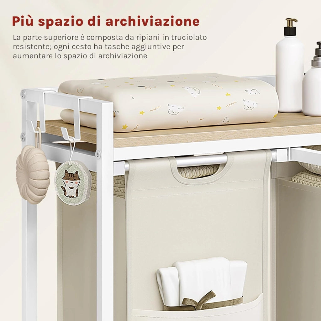 Cesta Biancheria a 2 Scomparti, Cestino Biancheria Sporca con Struttura in Metallo, Sacco per Bucato Rimovibile in Tessuto Oxford, Capacità 40L per Cesto, Bianco