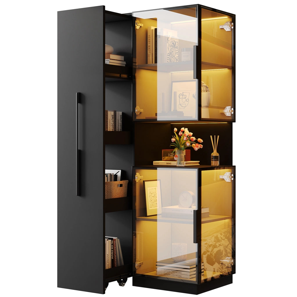 Vetrina alta 70x38x160 cm con vetro temperato; ripiani estraibili e LED multicolore; nera