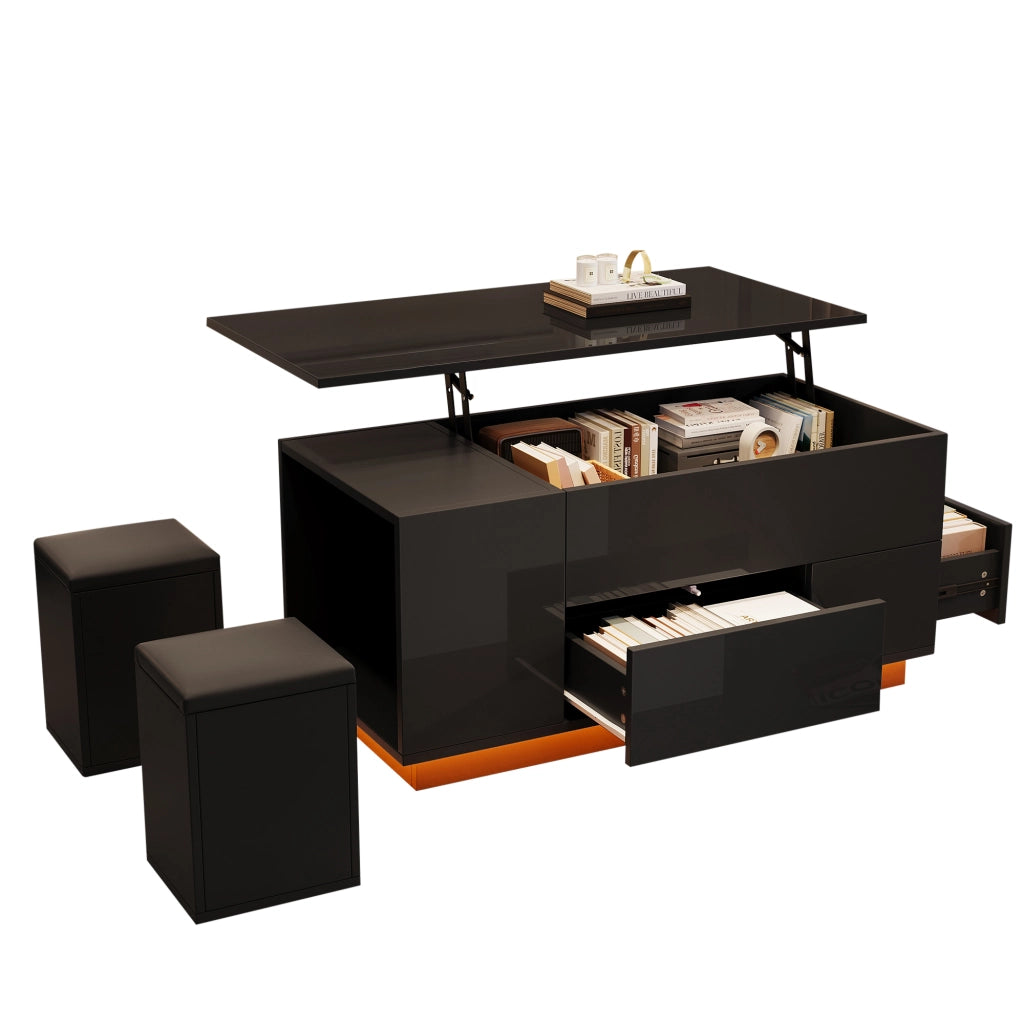 OKWISH Tavolino da Salotto Alzabile con 2 Cassetti, LED e 2 Sgabelli Contenitore, per Soggiorno, 100 x 50 x 45 cm