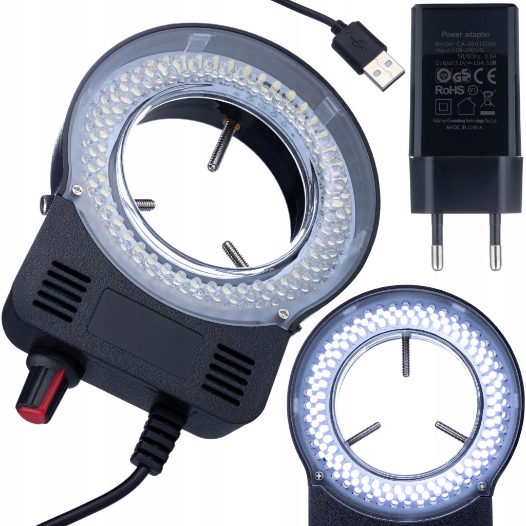 MicroBright 144 LED USB RingLight – Illuminazione per Microscopio | Regolazione Luminosità 0–100% | Montaggio 30–65 mm