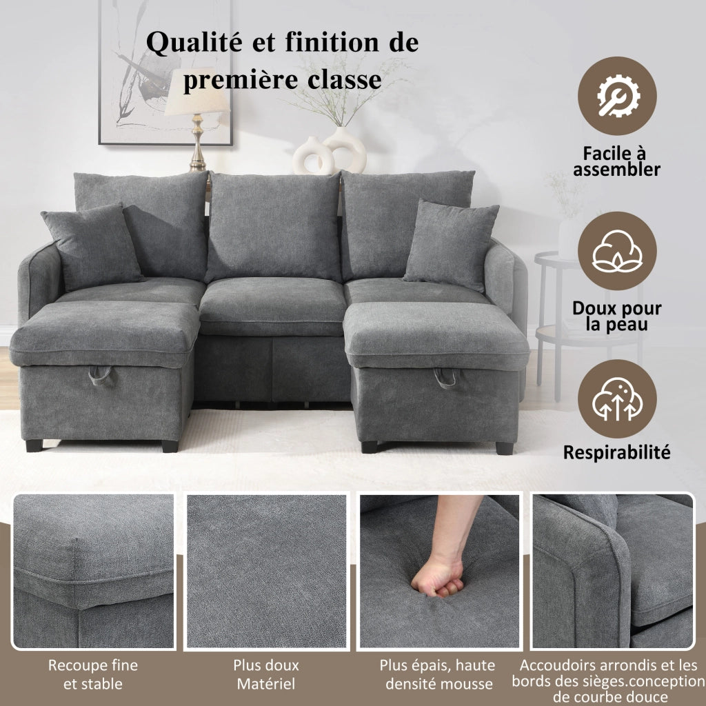 Divano angolare convertibile 3 Posti modulare con contenitore, 2 Pouf, 2 Cuscini, in Ciniglia Grigio Scuro