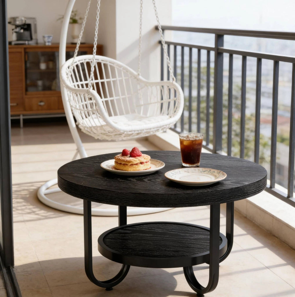 Tavolino da caffè rotondo a 2 ripiani nero, 79 cm