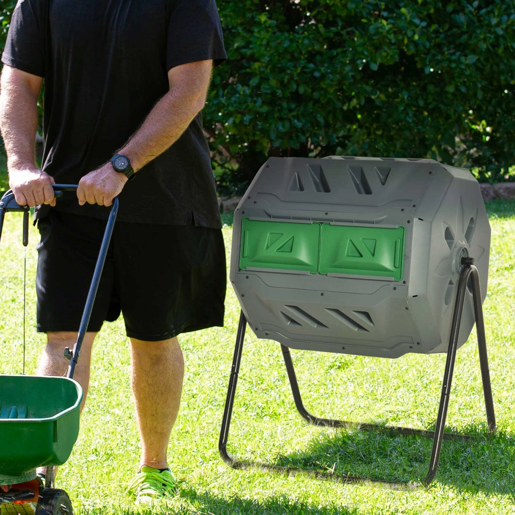 Compostiera da Giardino Girevole a 2 Sezioni con 8 Prese d'Aria, in Acciaio e PP, 71x65x96 cm, Grigio