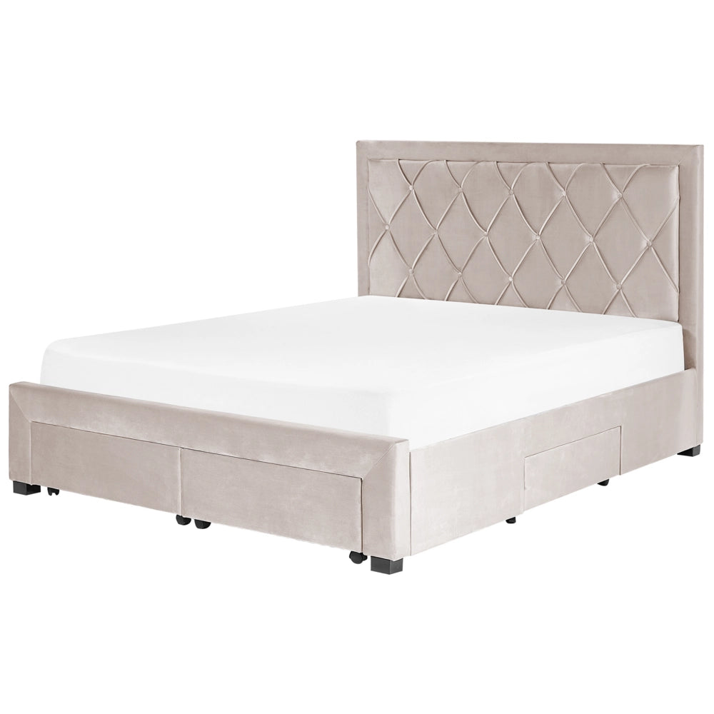 Letto contenitore tappezzeria in velluto beige 160 x 200 cm trapuntato testiera alta cassetti Glam Design