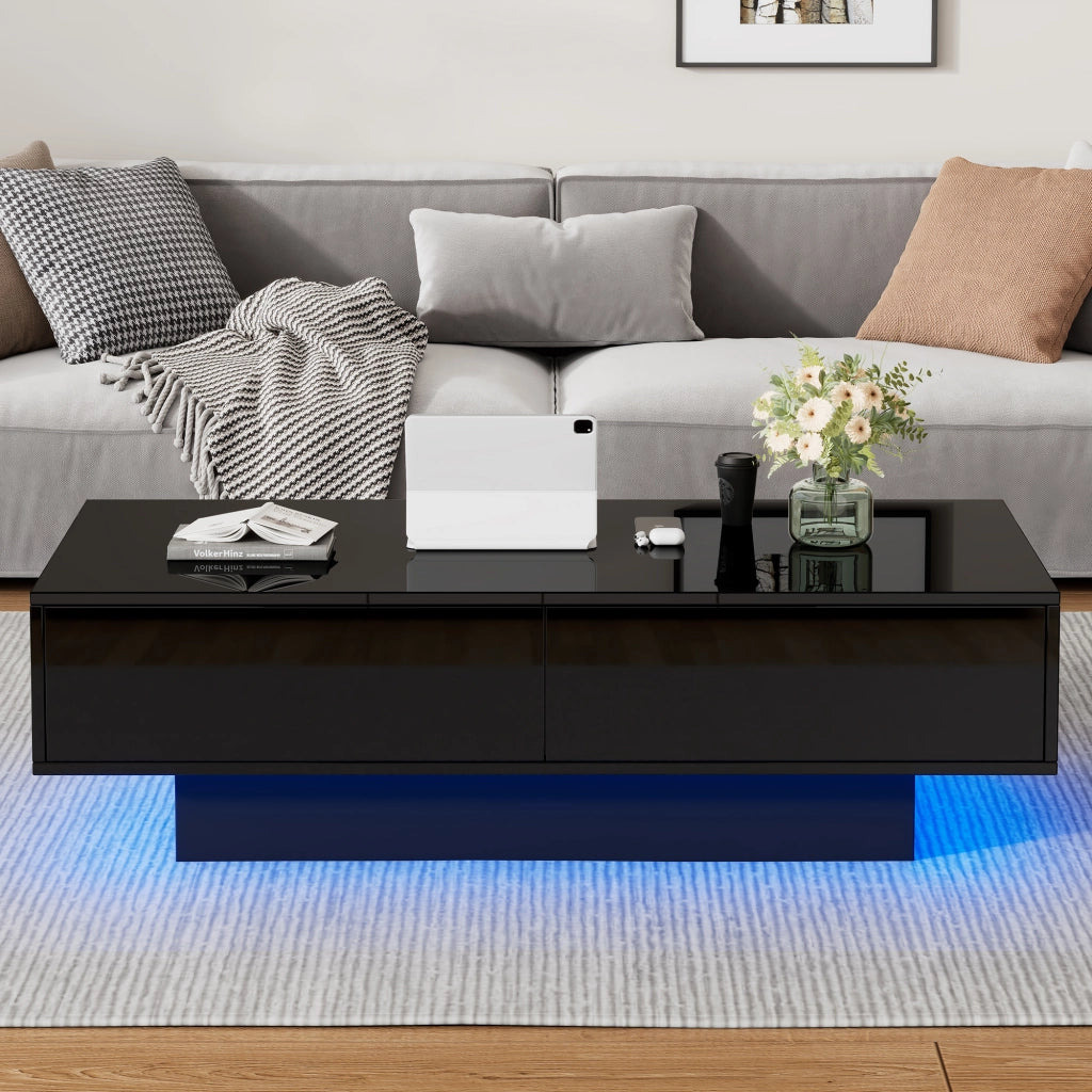 Tavolino da Salotto con 2 Cassetti e LED; Nero Lucido; Stile Moderno; in Pannello di Particelle; 115×55×34 cm
