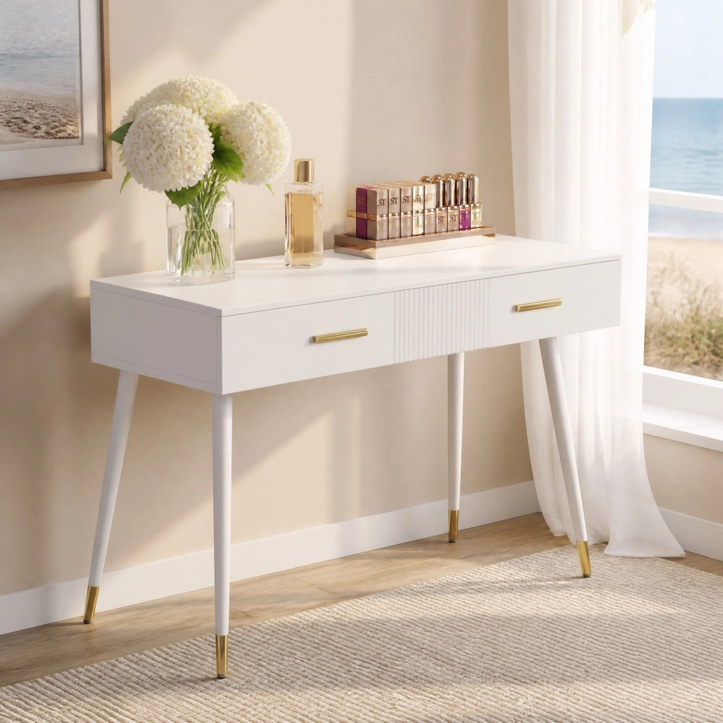 Tavolo da trucco e scrivania con 2 cassetti; 100x40x76 cm; MDF bianco
