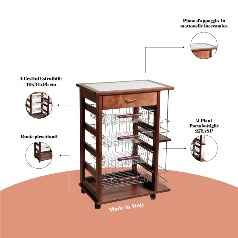 CARRELLO VESUVIO CON CASSETTO+PORTABOTTIGLIE NOCE IN FAGGIO BASE MULTISTRATO DI BETULLA 1 CASSETTO 4 CESTELLI PIANO MATTONELLE IN CERAMICA