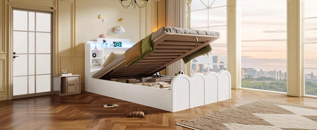 DESMIU Letto contenitore 90 × 200 cm 1 piazza con USB, Type-C, LED, vano idraulico, senza materasso, bianco