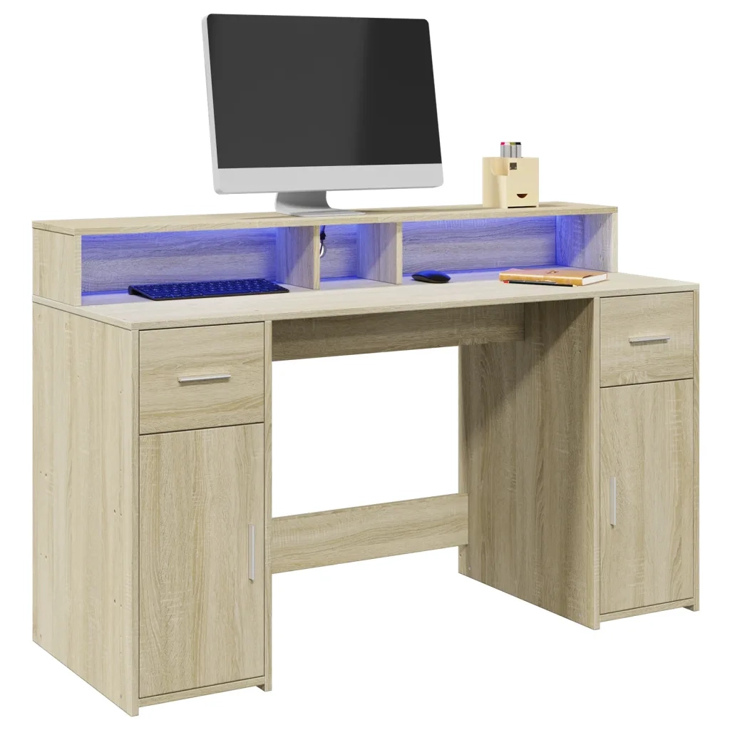 Scrivania | Tavolo da Ufficio con Luci LED Rovere Sonoma 140x55x91cm in Multistrato