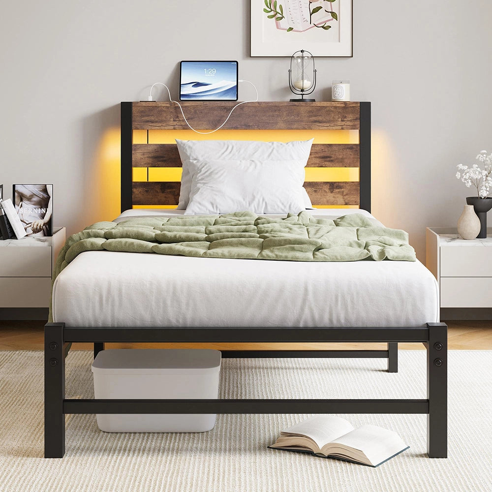 Letto 90x200cm LED - Xylo - USB struttura metallo spazio ripiano