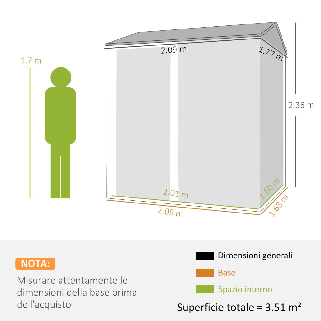 Casetta da Giardino in Acciaio ¨C Xylo ¨C 3.51m2 209x177x236cm Argento con Porta Bloccabile