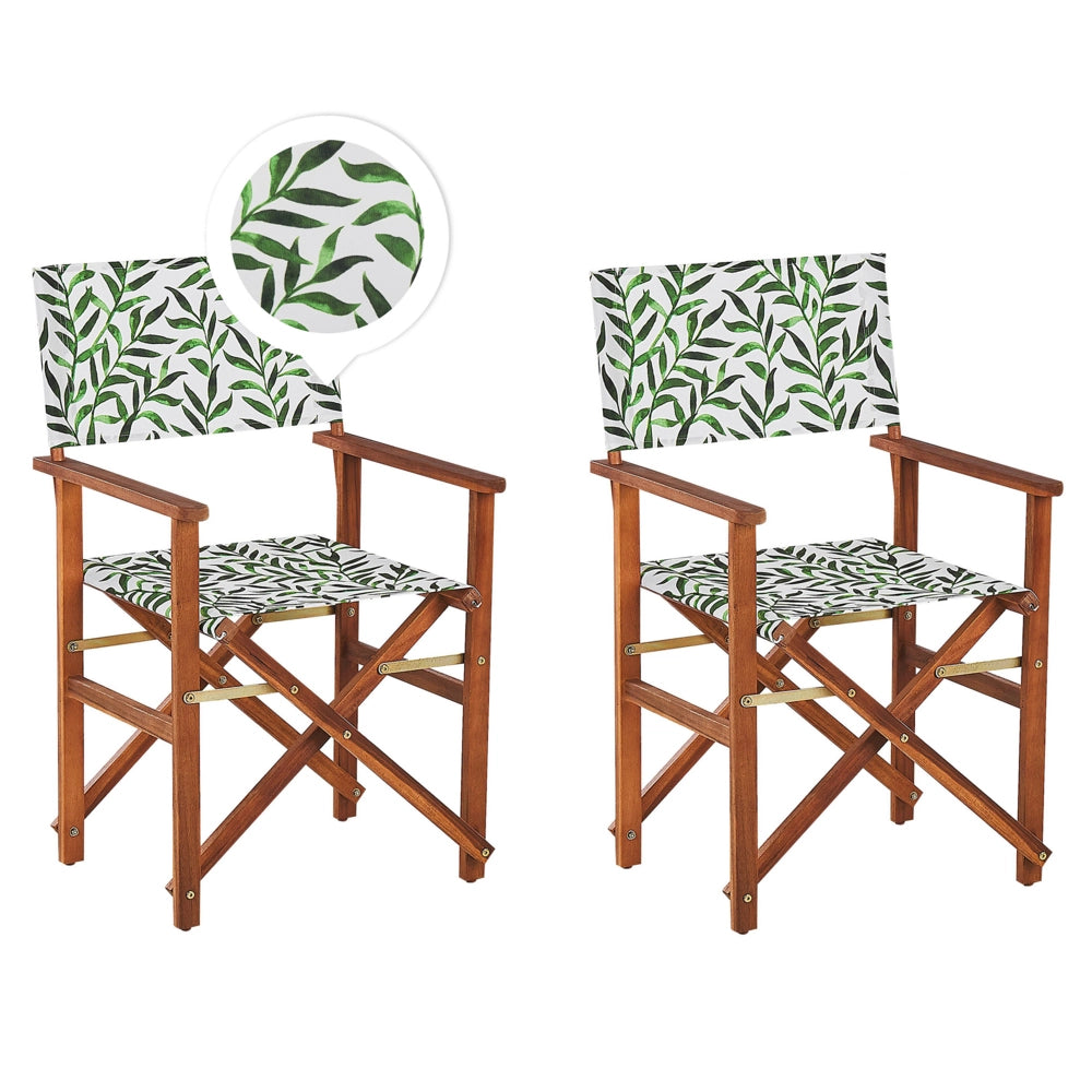 Set di 2 sedie da regista da giardino in marrone scuro con foglie di acacia bianco sporco tessuto di ricambio pieghevole con 2 Tele