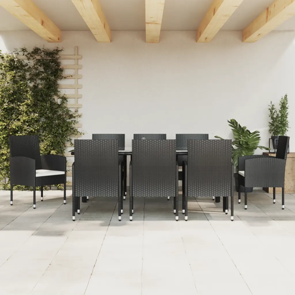 Set da Pranzo da Giardino 9 pz Nero in Polyrattan e Acciaio