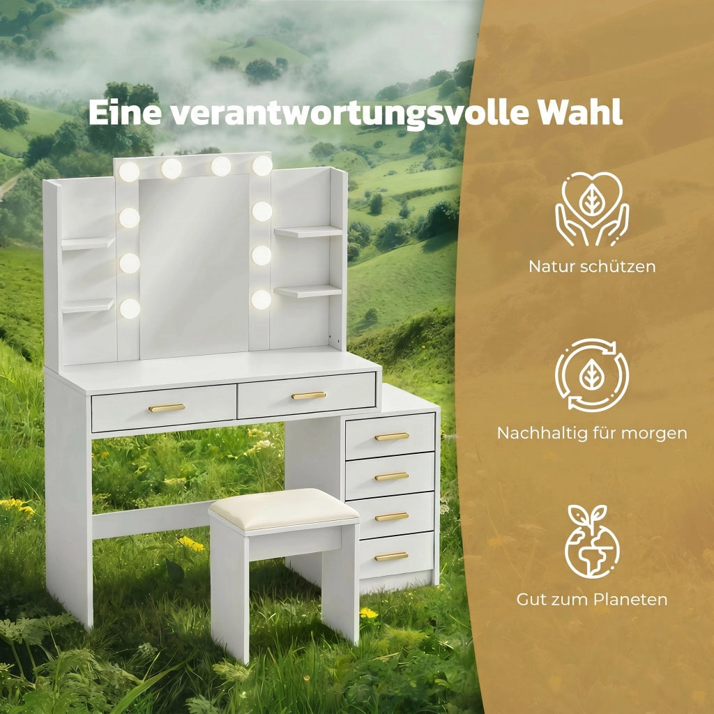 Cassettiera per trucco con specchio illuminato e sgabello imbottito ¨C zephmum ¨C bianco
