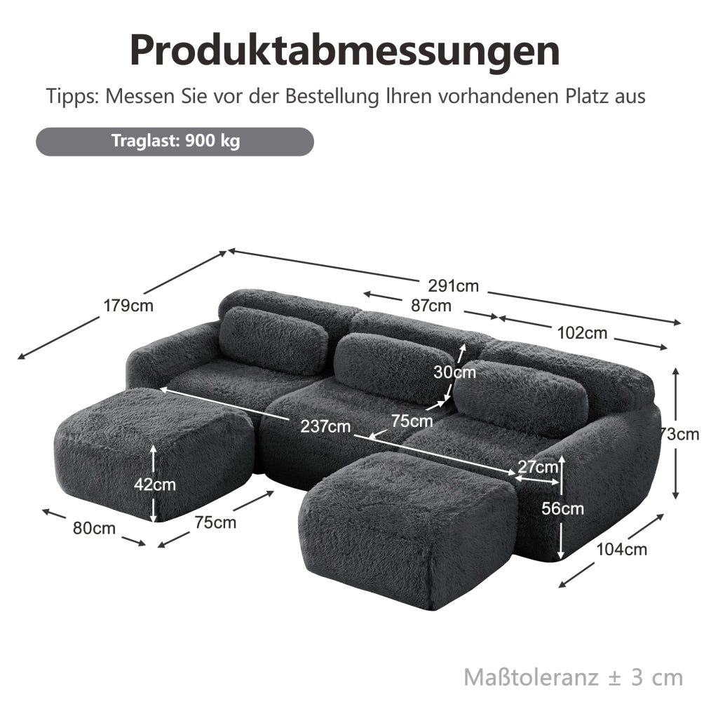 Divano Modulare a U con Pouf Collegabile, Design Ergonomico, Base Antiscivolo, in Peluche Grigio