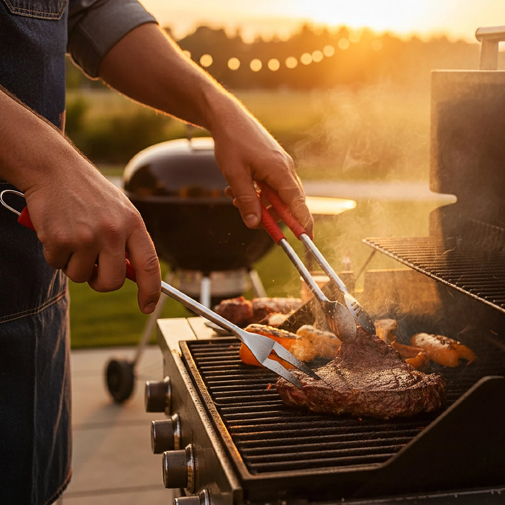 Set Accessori Barbecue 4 Pezzi con Borsa Porta Utensili Stile Golf – Utensili BBQ Pinza, Forchettone, Spatola in Acciaio Inox 430 Certificato per Alimenti – Manico Antiscivolo con Custodia e Tracolla