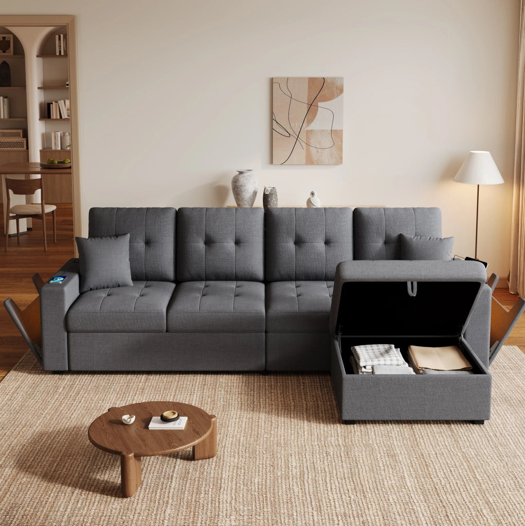 Divano angolare 4 posti con pouf contenitore, LED, USB e Type-C, grigio antico