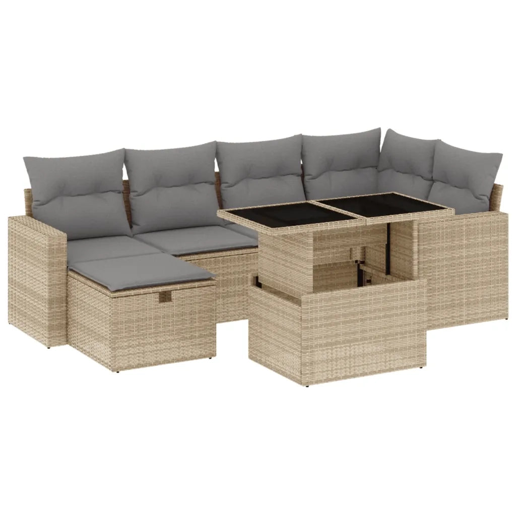 Set Divani da Giardino 7 pz con Cuscini Beige in Polyrattan