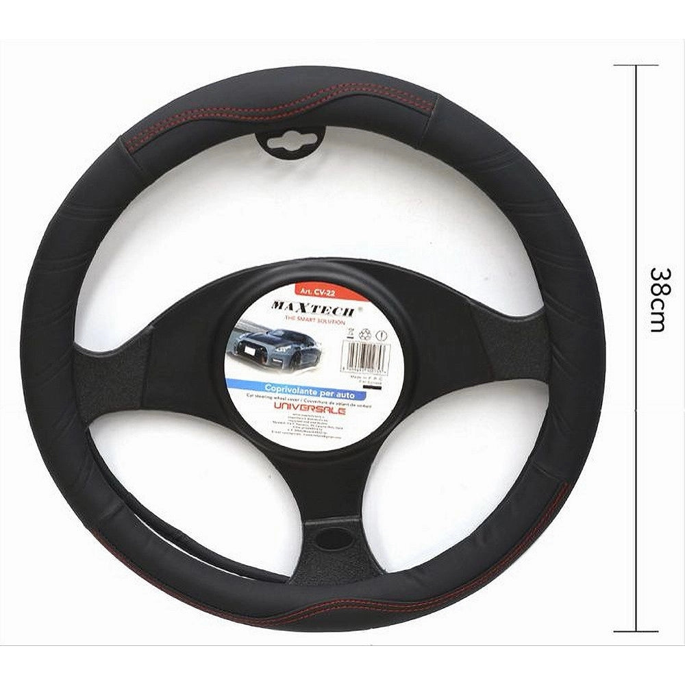 Trade Shop - Coprivolante Per Auto Universale Fodera Sterzo 38 Cm Nero Cuciture Rosse Cv-22 -
