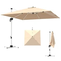 Ombrellone a Braccio Inclinabile con Base a Croce, in Poliestere, Alluminio e Metallo, 295x295x260 cm, Cachi