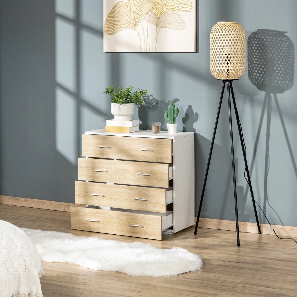Cassettiera 4 Cassetti 76x35x72 cm in Legno e Maniglie in Alluminio Bianco e Rovere