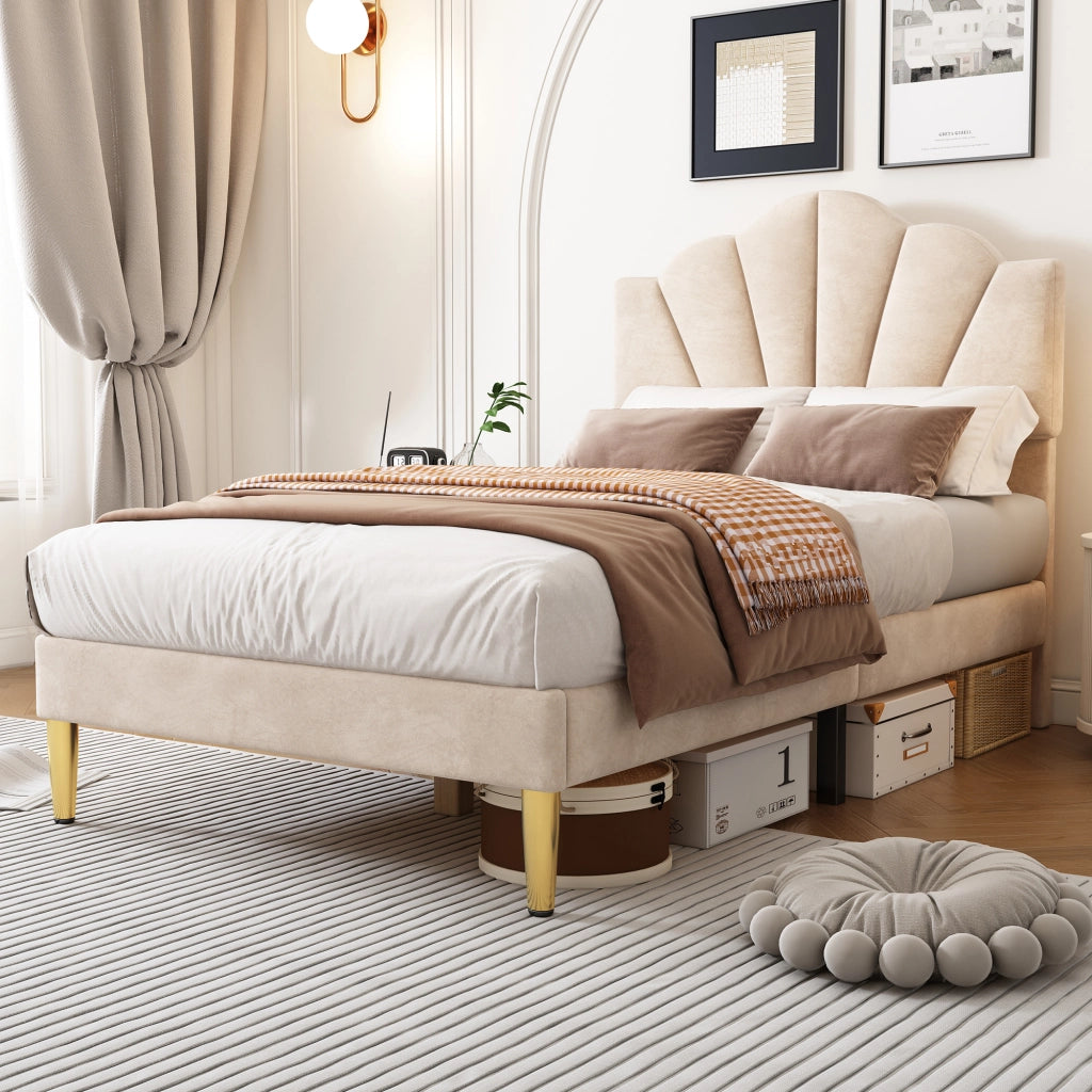 Letto Singolo 90x200 cm; con Testiera Regolabile e Base a Doghe - in Velluto Beige
