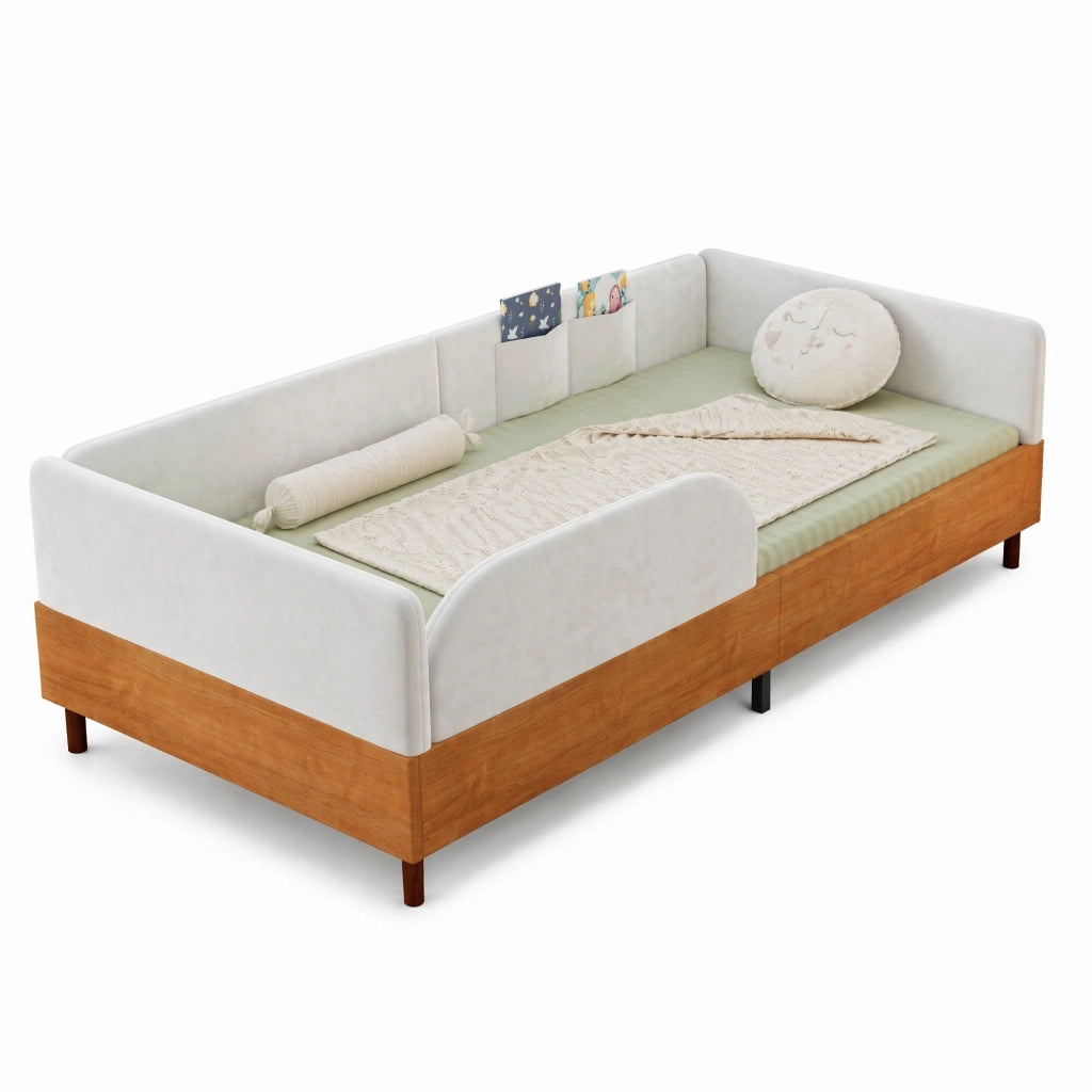 Letto singolo imbottito per bambini 90×200 cm in velluto bianco con 2 tasche