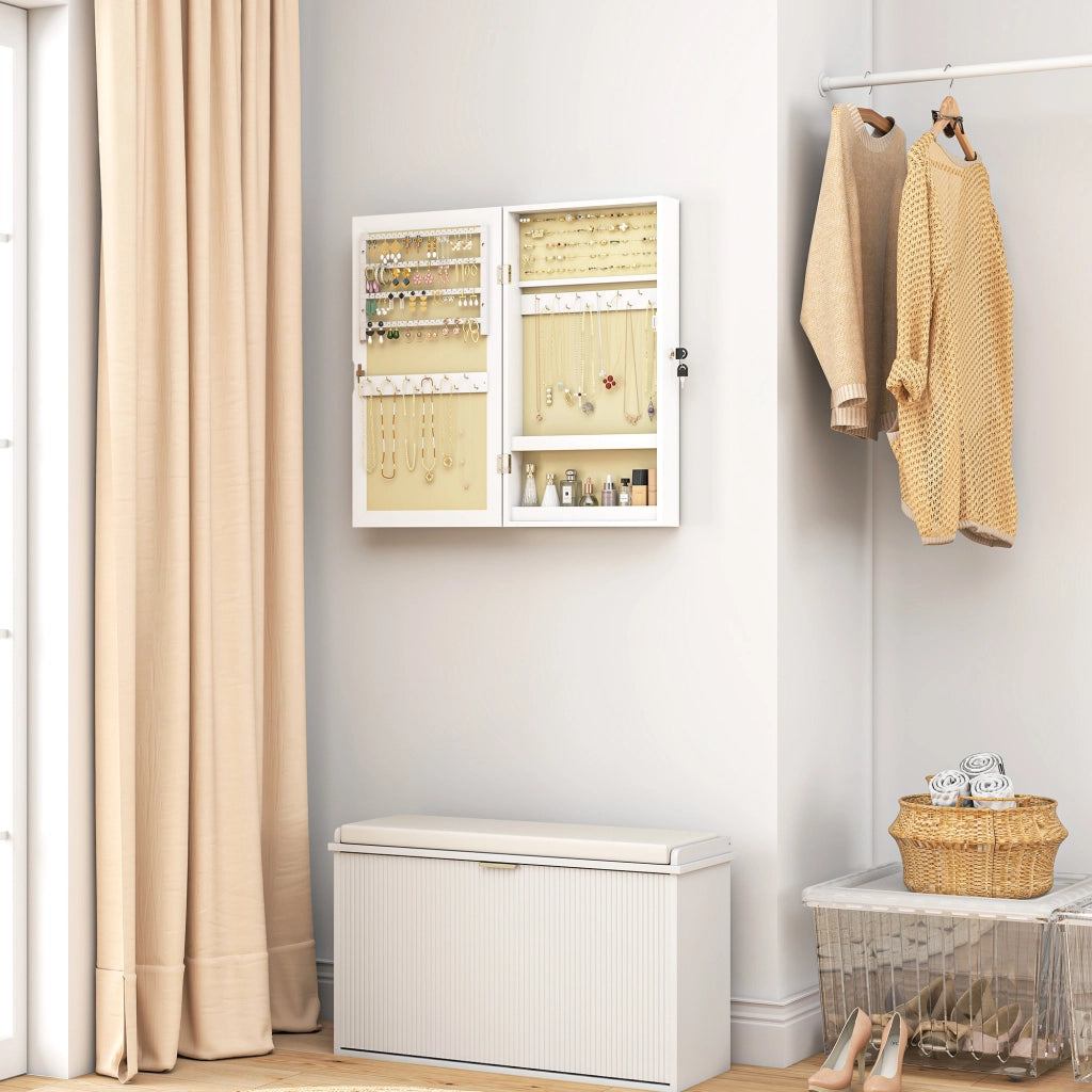 Mobiletto Portagioie a Specchio con Design a Muro e 2 Chiavi di Sicurezza, in Legno, 36.5x9.5x67 cm, Bianco