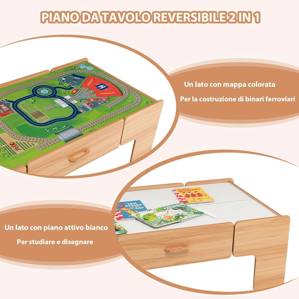Tavolo e Set Treno Giocattolo in Legno, Set da Gioco Creativo Treni e Binari per Bambini con 100 Pezzi, Trenino per Bambini Anni 3+