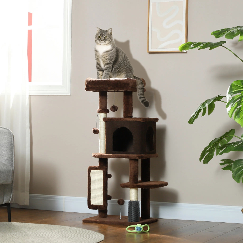 Tiragraffi per Gatti 104 cm ¨C Xylo ¨C con Piattaforme Spazzola Palline Pendenti Marrone