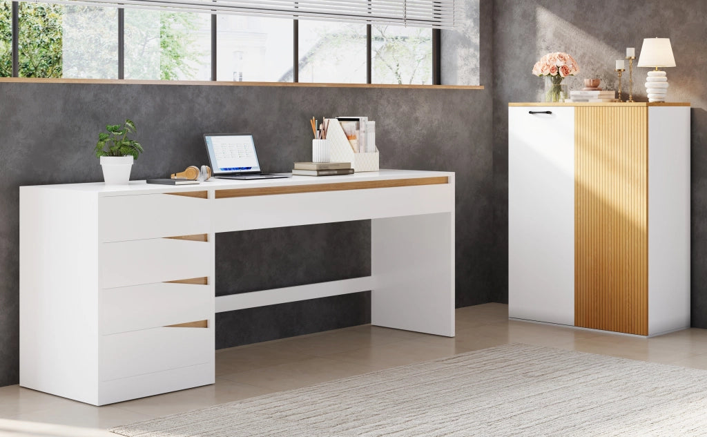 Highboard 80x40x110 cm in MDF bianco e rovere, mobile contenitore moderno per ufficio