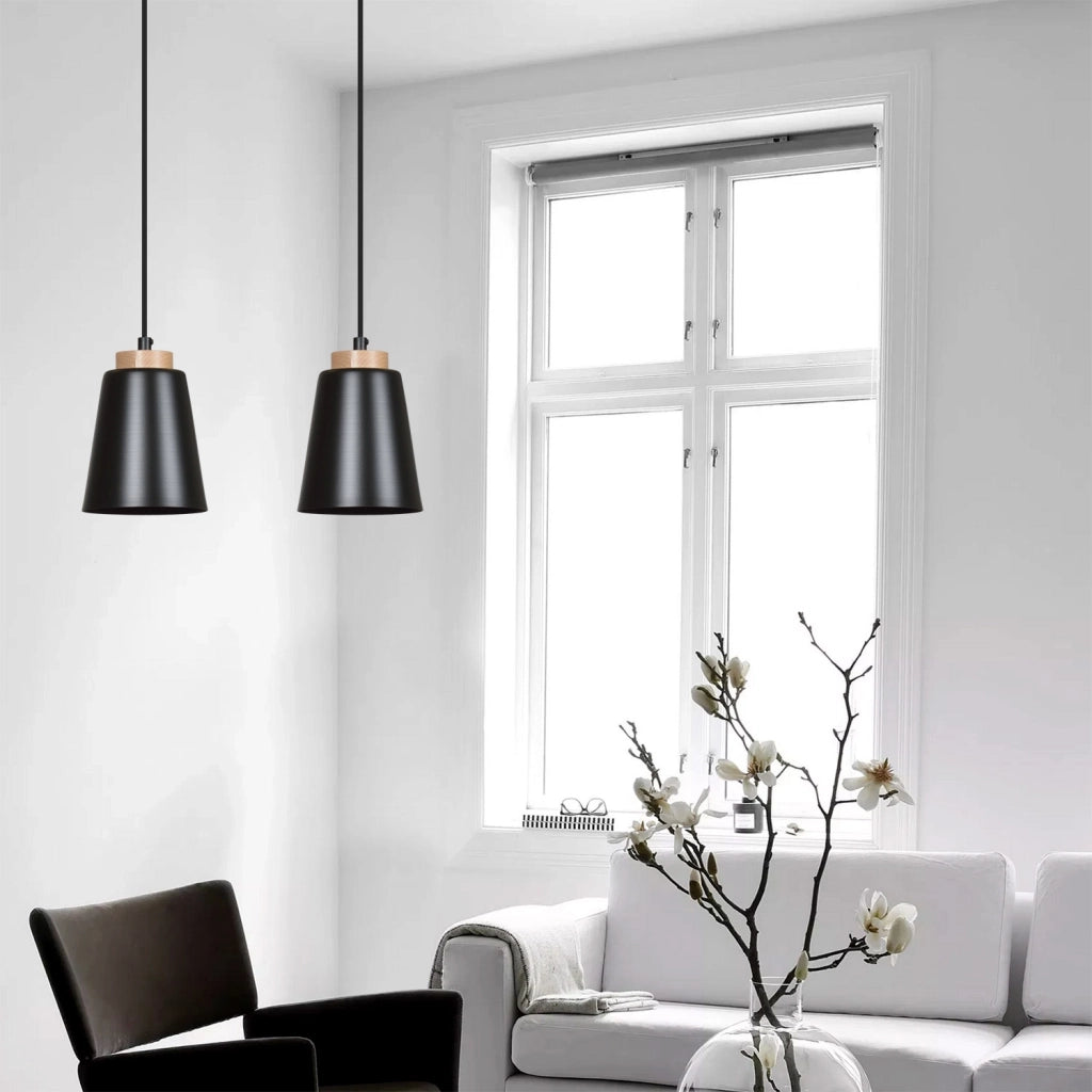 Sospensione 1 Luce Lancillotto A Cono In Acciaio Nero E Legno Naturale