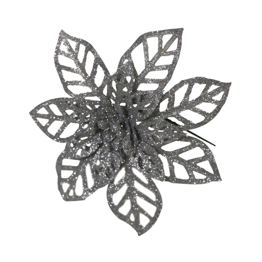 STELLA DI NATALE GLITTER ARGENTO 16CM DECORAZIONE FLOREALE PER COMPOSIZIONI