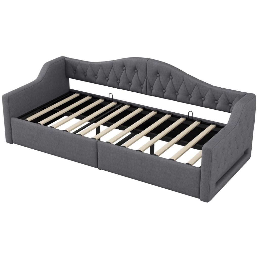 Letto da giorno imbottito 90x200 con LED; contenitore sotto il letto; grigio
