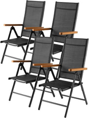 Set di 4 Poltrone da Giardino con Bracciolo Simil Legno, Pieghevole in Alluminio con Schienale Alto Regolabile in 7 Posizioni, per Balcone o Campeggio, Traspirante.