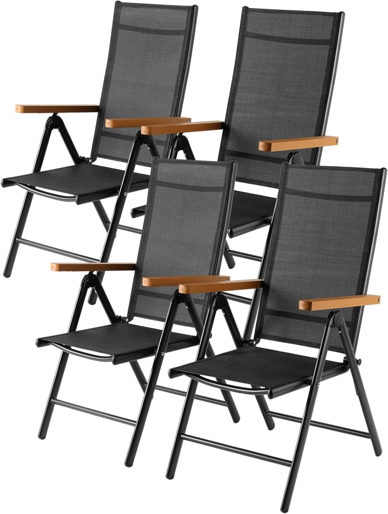 Set di 4 Poltrone da Giardino con Bracciolo Simil Legno, Pieghevole in Alluminio con Schienale Alto Regolabile in 7 Posizioni, per Balcone o Campeggio, Traspirante.