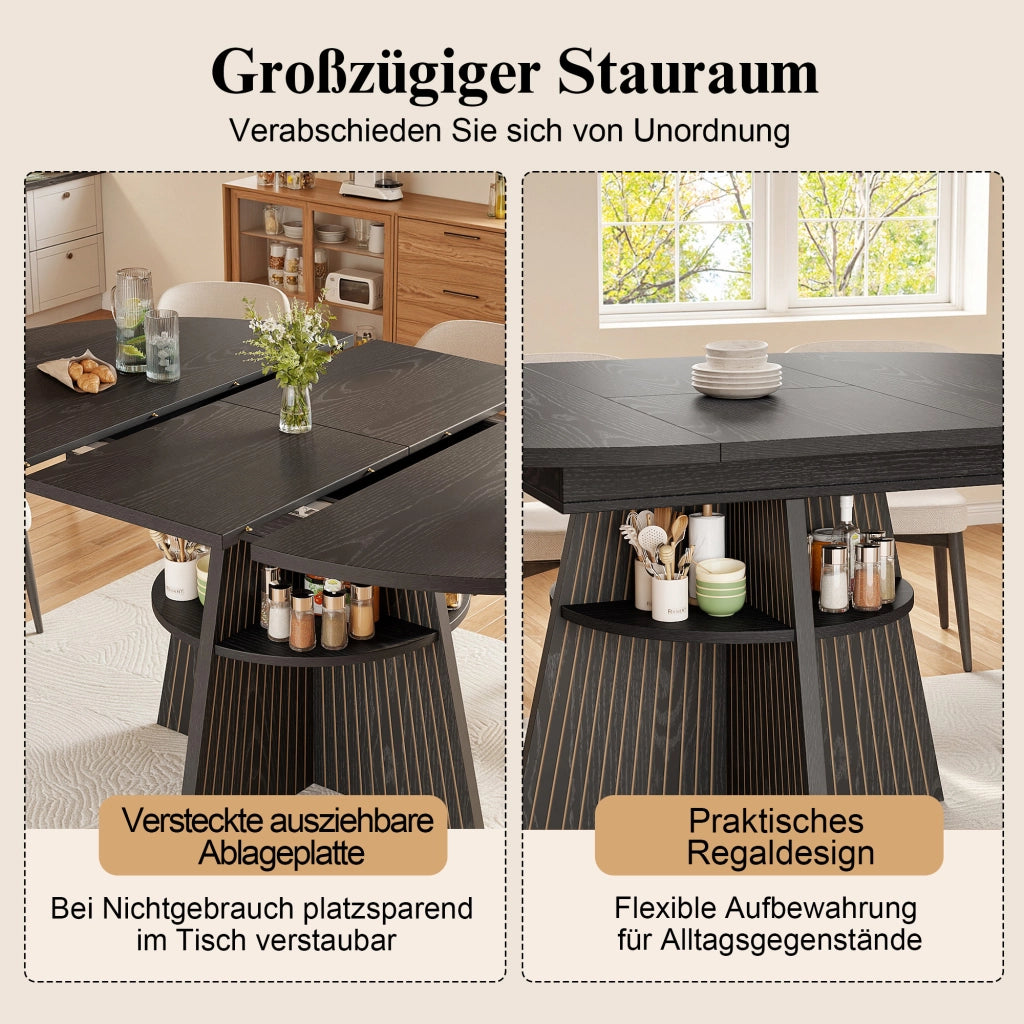 Tavolo allungabile con vano aperto e angoli arrotondati, per 2-8 persone, in MDF e metallo, nero, 110-150 × 110 × 76 cm