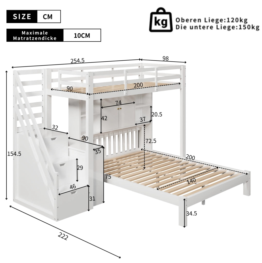 Letto a castello con scala contenitore; 90x200 cm + 140x200 cm; legno massello e MDF; bianco