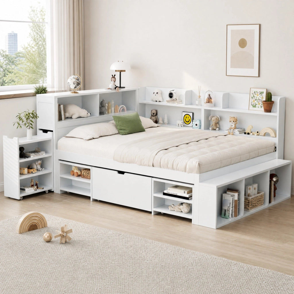 Letto per bambini 140x200 cm con cassetti, libreria e armadietti, rete a doghe, bianco