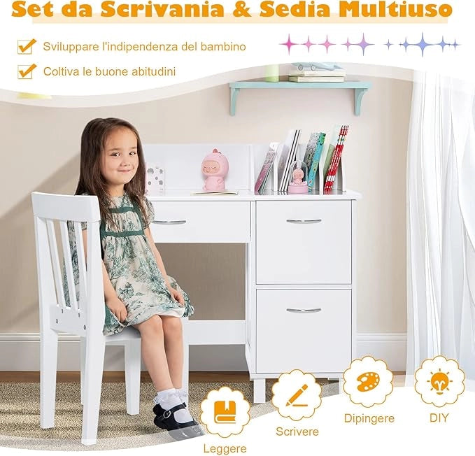 Set di Scrivania e Sedia per Bambini, Scrivania per Bambini con Cassetto e Armadietti, Ideale per Camera da Letto Sala Studio, 90,5 x 46 x 81 cm (bianco)