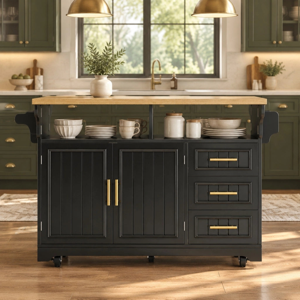 Isola da cucina 120x40(80)x95 cm con piani ribaltabili e ruote in MDF nera