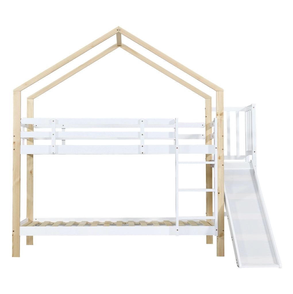 Letto a castello 90x200 cm con scivolo e scala in legno e MDF bianco
