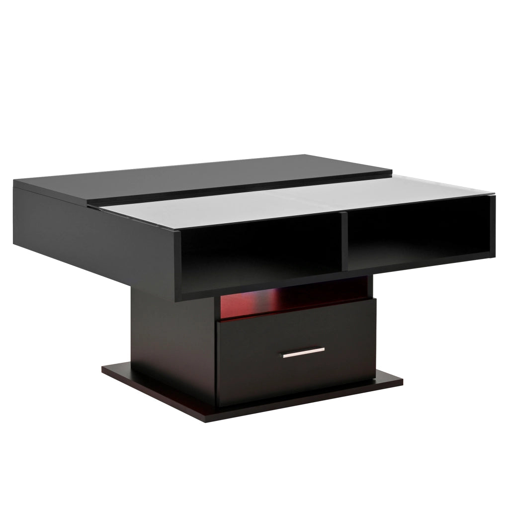 Tavolino da caffè 78x78x45.5/59.5 cm; sollevabile con LED e vano contenitore; truciolare; nero